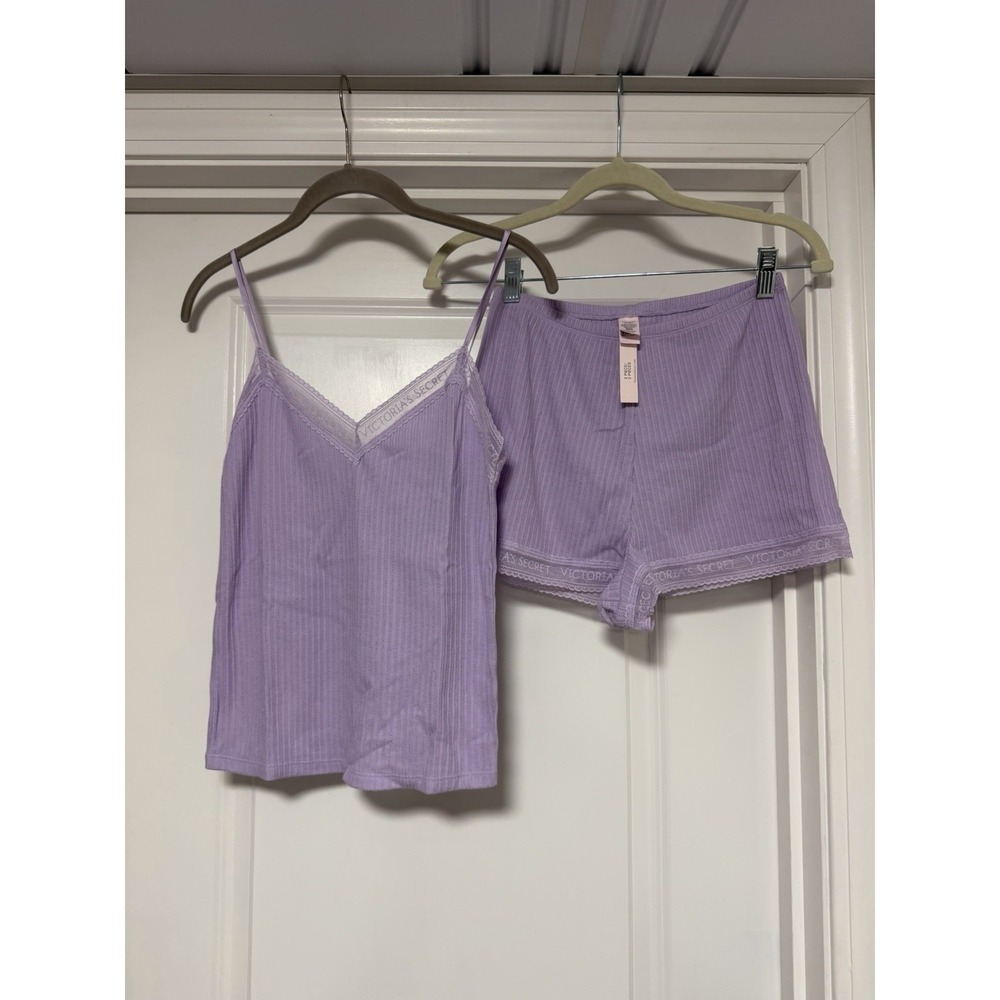 Victoria's Secret purple ribbed lace-trim cami and shorts set, Women's Size XS